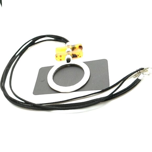 Hammered Open Circle Silver-tone Pendant Necklace Leather Cord - Picture 14 of 16